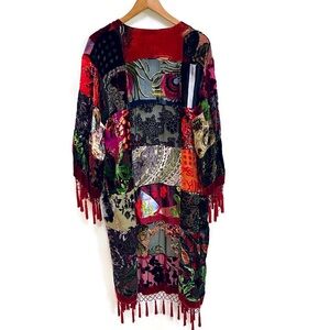 Vintage‎ Chicos Silk Patchwork Beaded Kimono w/ Fringe!